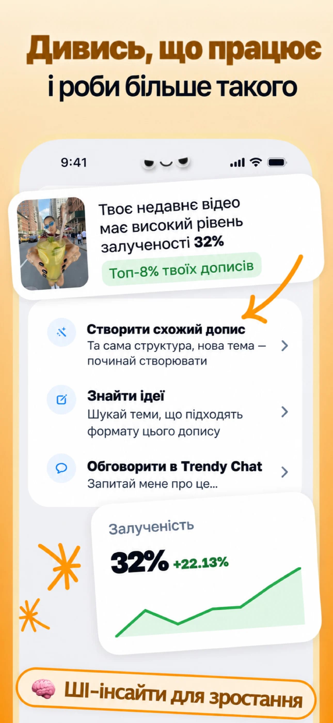 Екран аналітики контенту Trendy на телефоні